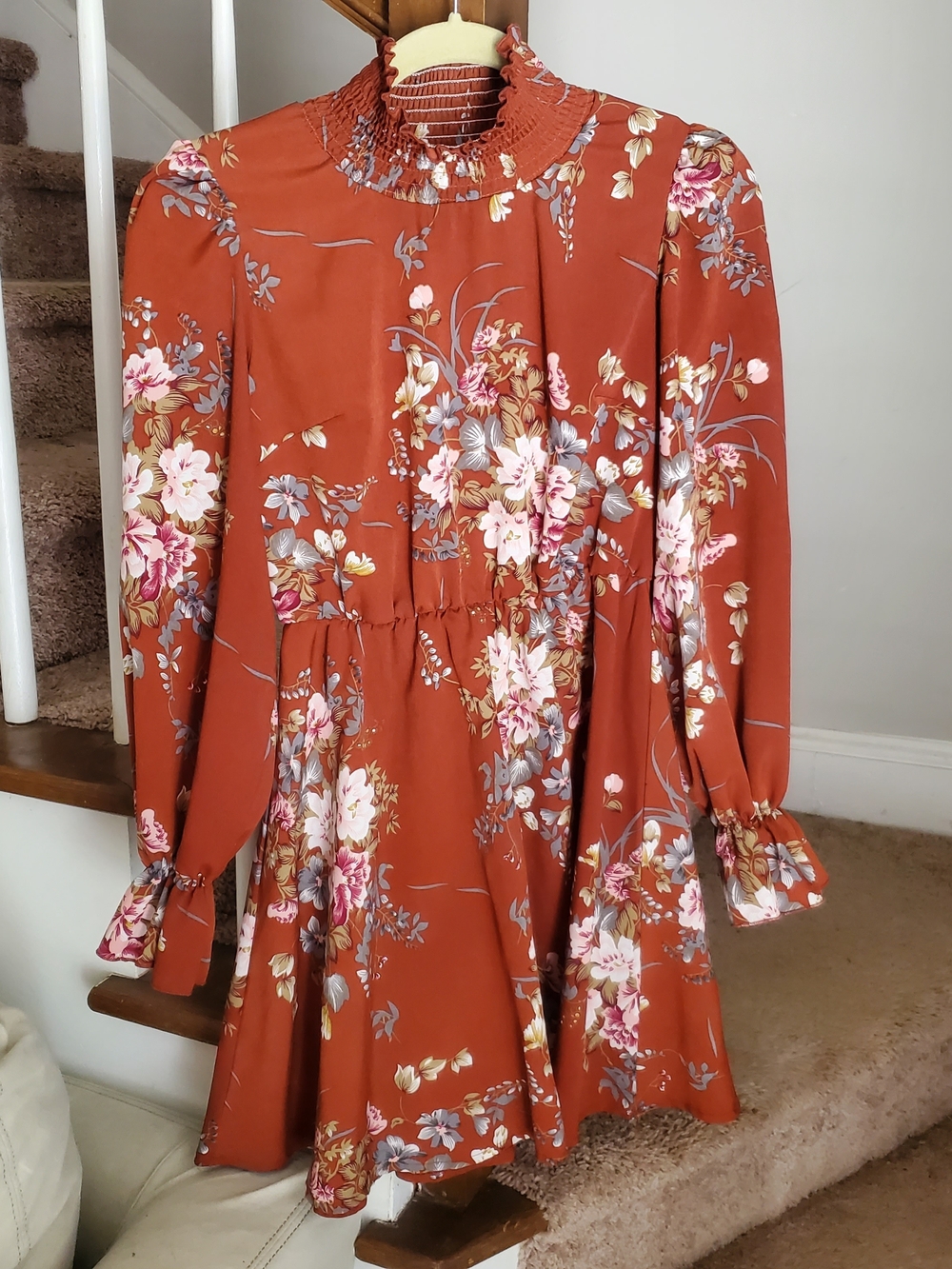 SHEIN Rust Floral Smocked-Neck Long Sleeve Mini Dress Small